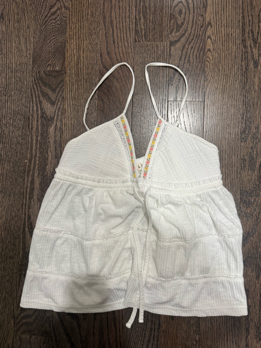 POL White Spaghetti Strap Tiered Tank with Embroidered Trim